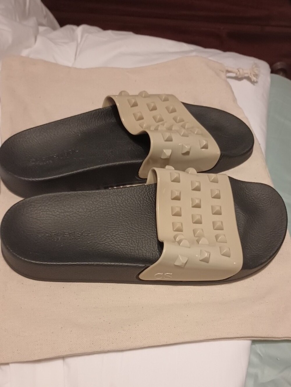Carmen Sol Franco Studded Slide Sandals in Black & Beige Made In Italy